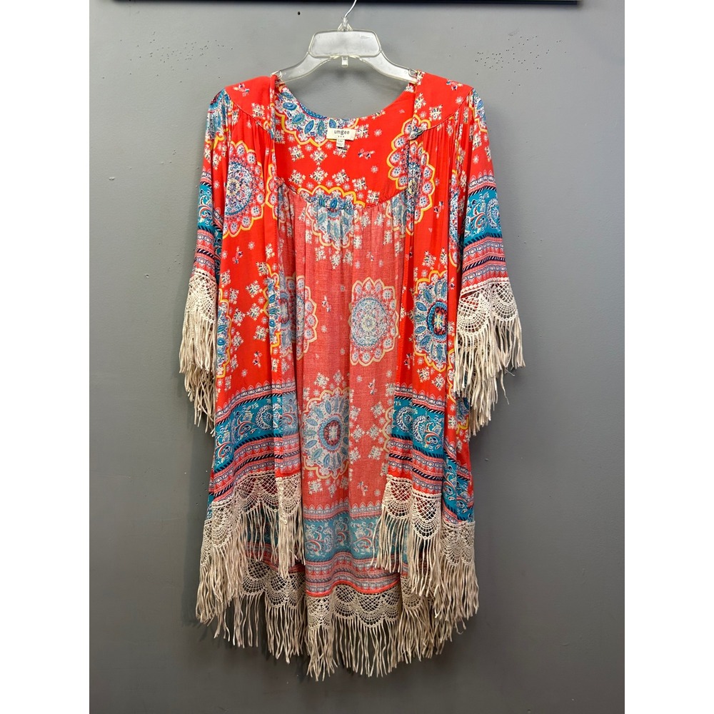 Umgee Kimono Women S/M Coral Paisley Boho Fringe Crochet Lace Open Colorful